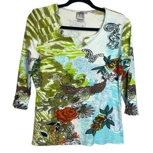 Parsley & Sage 3/4 Sleeve V Neck Printed Multi Colour Soft Cotton Top, size S